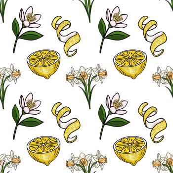 Seamless pattern featuring delicate white daffodils, bright yellow lemon slices, and elegant lemon twists on a clean white background. vector