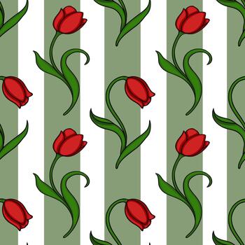 Seamless pattern of vibrant red tulips with lush green leaves set against a background of alternating sage green and white vertical stripes. vector