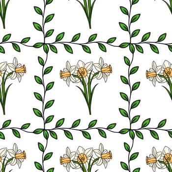 Seamless pattern featuring delicate white daffodils with yellow centers, intertwined with trailing green vines and leaves, on a clean white background. vector
