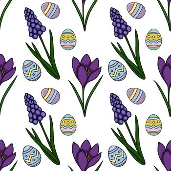 Seamless pattern featuring hand drawn Easter eggs and spring blooms like crocuses and grape hyacinths, with a bright and cheerful aesthetic. vector