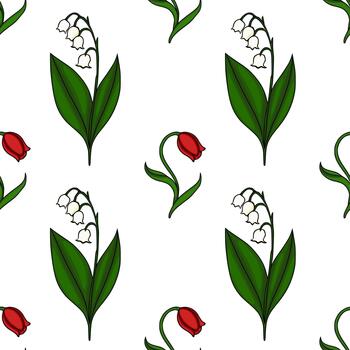 un encantador modelo presentando delicado lirios de el Valle y vibrante rojo tulipanes en un limpiar blanco fondo, creando un Fresco y naturalista diseño. vector