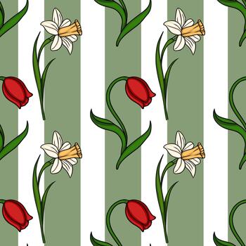 A charming pattern featuring delicate daffodils and vibrant red tulips set against a backdrop of alternating sage green and white vertical stripes, creating a fresh and lively floral composi... vector