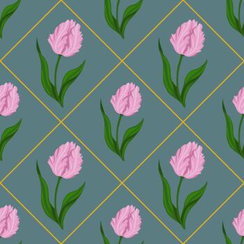 Seamless pattern of delicate pink tulips with green leaves against a muted teal background, intersected by thin golden diagonal lines creating a subtle geometric overlay. vector