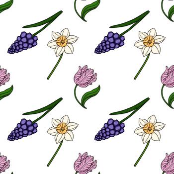 Charming seamless pattern featuring delicate spring flowers like daffodils, tulips, and grape hyacinths with vibrant green stems and leaves on a clean white background. vector