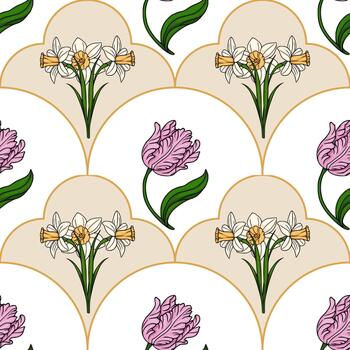 A charming seamless pattern featuring delicate white daffodils and vibrant pink tulips, arranged within a repeating scalloped arch motif with a subtle beige background and thin gold outlines. vector