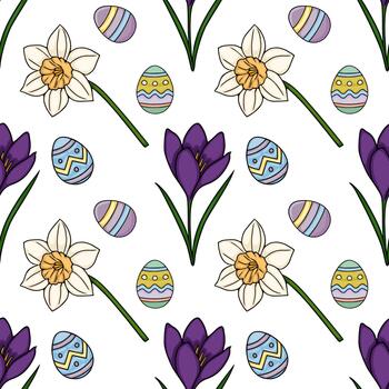 Seamless pattern featuring hand drawn daffodils, crocuses, and vibrantly decorated Easter eggs with a playful, whimsical style. vector