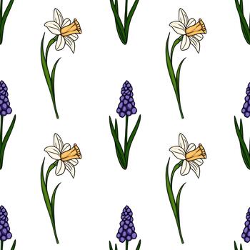 Seamless pattern featuring hand drawn daffodils and grape hyacinths with green stems on a white background. vector