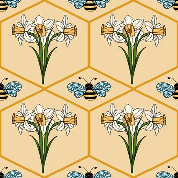 Seamless pattern featuring stylized daffodils and bees within a honeycomb like hexagonal grid, rendered in a charming, illustrative style with a warm, muted color palette. vector