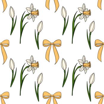 Seamless pattern of delicate white daffodils and tulips with golden bows on a white background, evoking a gentle spring aesthetic. vector