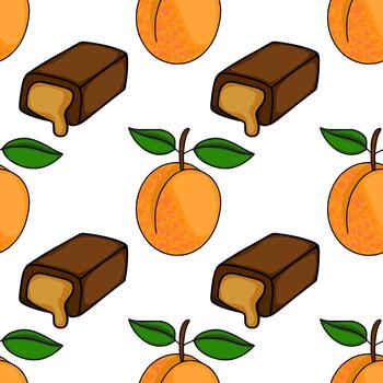 Seamless pattern of ripe apricots and chocolate candies with flowing filling. vector