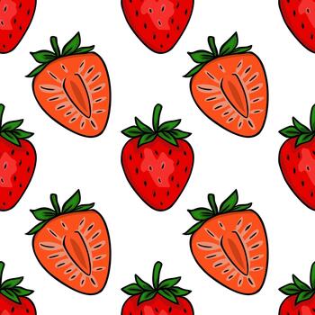 Seamless repeating pattern of vibrant red strawberries, both whole and sliced, with green leaves, set against a clean white background, evoking a fresh and fruity aesthetic. vector