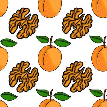 Seamless pattern featuring ripe apricots with green leaves and textured walnuts on a white background. vector