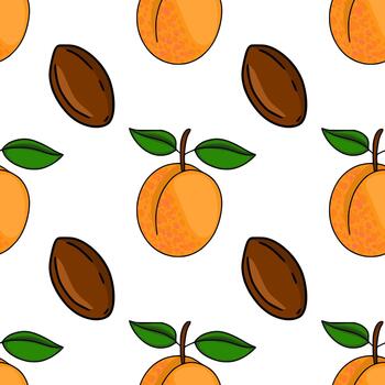 Seamless pattern featuring stylized apricots with green leaves and brown pits, rendered in a clean, illustrative style with bold outlines and flat coloring. vector