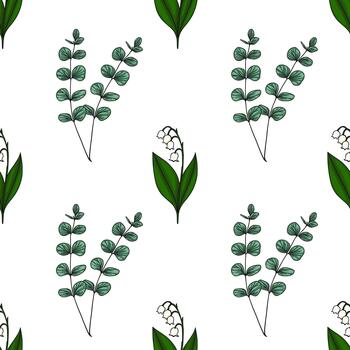 sin costura modelo presentando delicado lirio de el Valle floraciones y eucalipto ramas en un blanco antecedentes. vector