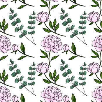 delicado rosado peonía y eucalipto rama sin costura modelo con sutil sombreado y limpiar contornos vector