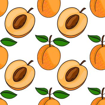 Seamless pattern featuring halved and whole apricots with green leaves, rendered in a flat, illustrative style with bold outlines. vector