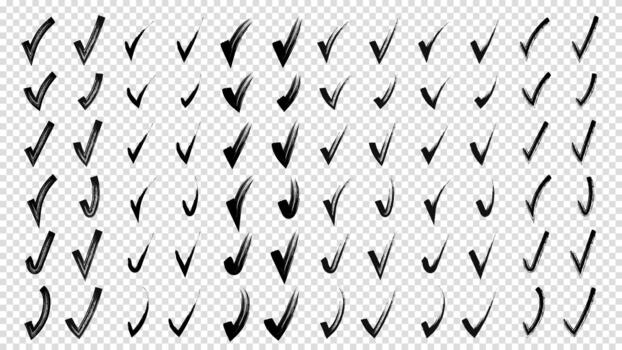 Hand drawn brush checkmarks set, doodle check marks and pencil black scribble sketches in simple style. vector