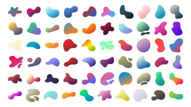 Gradient liquid blob elements set, soft fluid shapes and round abstract forms with neon blotch accents. vector