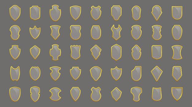 elegante conjunto de escudos con oro acentos, presentando variado formas adecuado para marca seguridad temas o heráldico diseños, Perfecto para digital y impresión proyectos vector