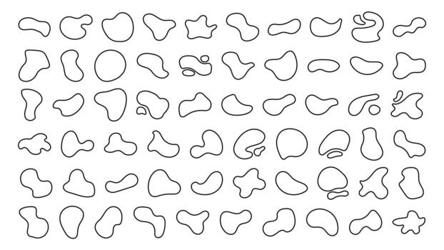 Fluid outline blob shapes and round abstract elements, black blotch water forms presented in a soft flat style. vector