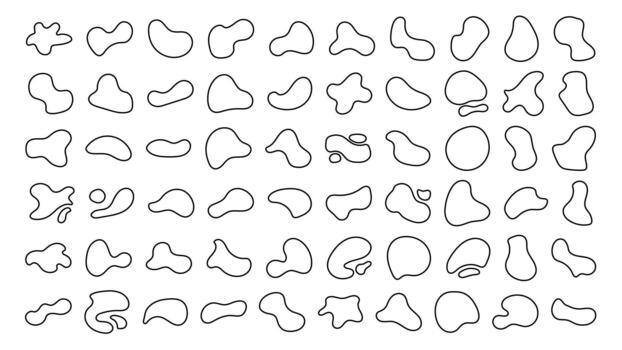Outline blob shapes with fluid round abstract elements, black blotch water forms in a simple clean style. vector