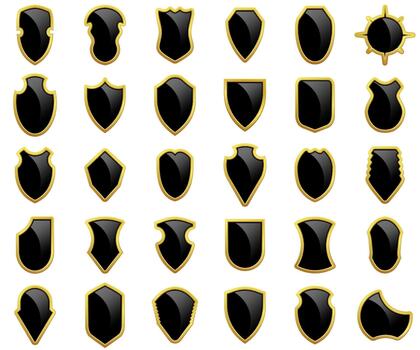 Set of glass glossy shield shapes with smooth reflective style and clean protective forms. vector