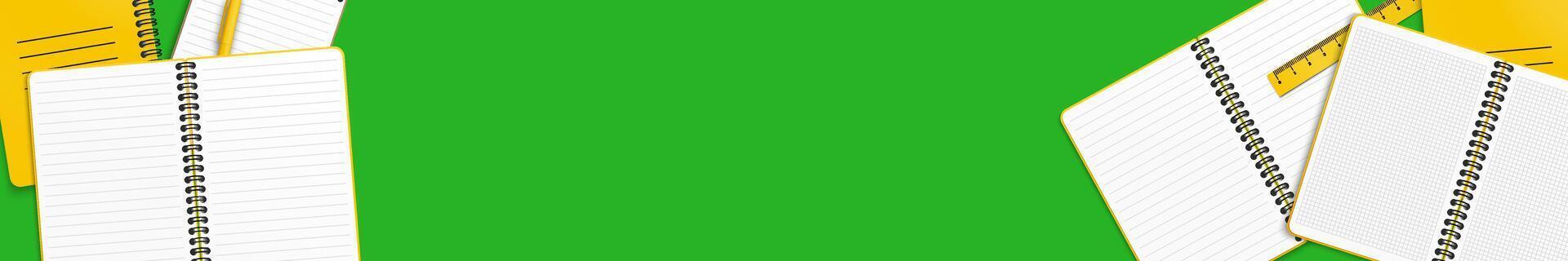 Closed and open yellow notebook with a yellow ball point pen, shown in a simple top view layout with clean space for text in a minimalist flat style. vector