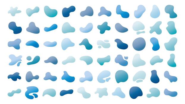 Set of gradient water blob shapes, round abstract elements and simple water blotch forms in soft fluid style. vector