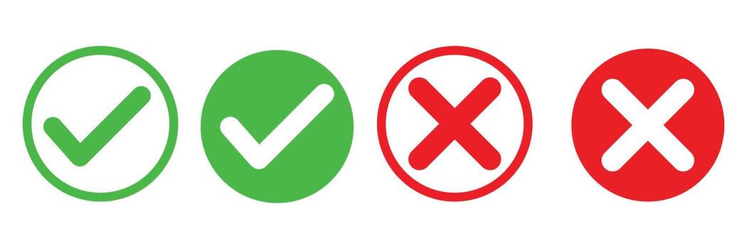 Set green approval check mark and red cross icons in circle and square checklist signs flat checkmark approval badge isolated tick symbols vector