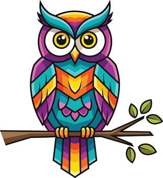A colorful cartoon owl perched on a tree branch with vibrant geometric feather patterns. vector
