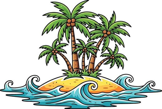 Cartoon drawing of a small tropical island with a palm tree cluster surrounded by a stylized ocean wave border vector