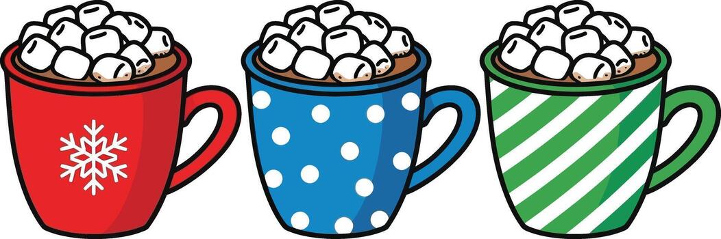 Three mugs of hot chocolate with marshmallows, each adorned with unique patterns vector