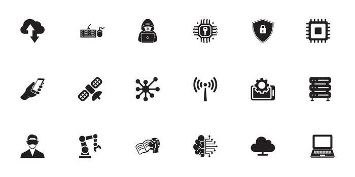 Technology and Cyber Security Solid Icons including AI and Cloud Symbols security, encryption, and privacy symbols in solid style vector