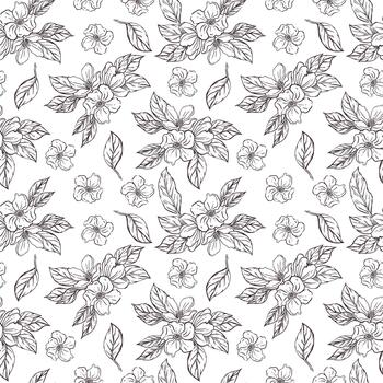 seamless pattern of apple and plum blossoms, leaves, all objects hand-drawn with ink and translated into . Illustration is perfect for printing on paper and fabric, for design vector