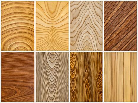 A collection of eight distinct wood grain patterns, each with a unique color and texture photo