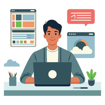 Man software engineer concept with design, optimization, responsive and developer solutions vector