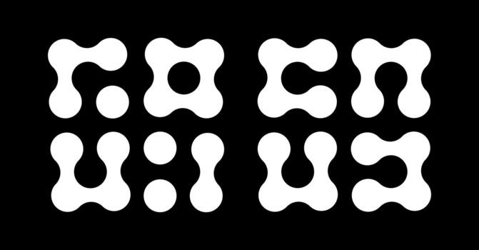 Metaball white icons. Connected dots flat signs. Integration abstract symbols. Circles simple pattern. Point movement. Connected blobs. Metaballs transition. Set of logos. vector