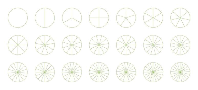 Pie chart templates. Segmented charts. Sectors divide the circle on equal parts. Coaching blank. Diagram wheel parts from 1 to 21. Pizza, pie charts set. Outline green graphics. Segments infographic. vector