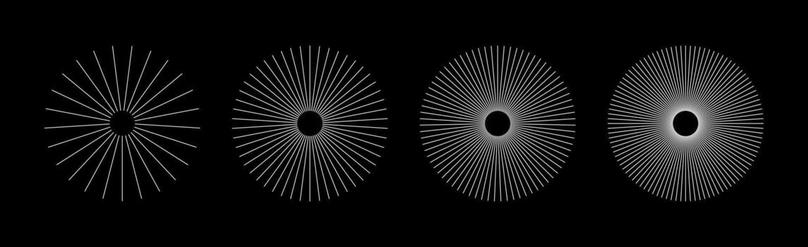 Radial circle white lines. Circular thin lines elements. Simple symbol of Sun star rays. Spokes with radiating stripes. Abstract illusion geometric shapes patterns. Flat design elements. vector