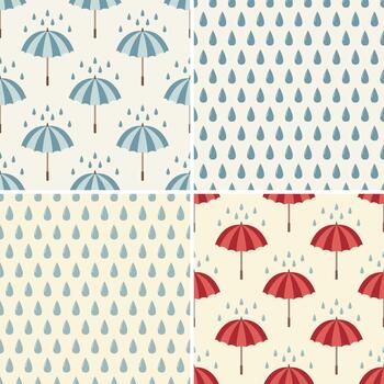 Set of four seamless pattern with umbrellas and rain drops. Can be used to fabric design, wallpaper, decorative paper, web design, etc. vector
