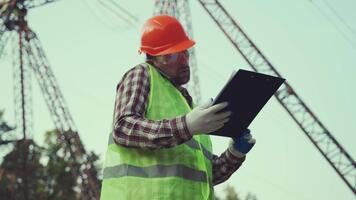 ett elektrisk ingenjör Arbetar på en anläggning i en fält. talande på de telefon och kontroll elektrisk nätverk. tekniker har konversation på telefon. kontroll de kraft källa. industri. energi. video