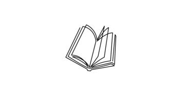 4K animated continuous one-line drawing of an open book. Smooth self-drawing motion creates a clean minimalist outline. Perfect for education videos, reading themes, logos, intros video