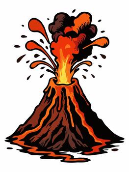 Illustration of a volcanic eruption with lava flows and exploding plumes of smoke vector