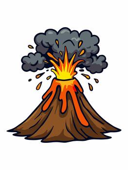 Cartoon of a volcanic eruption with lava flows and exploding plumes of smoke vector