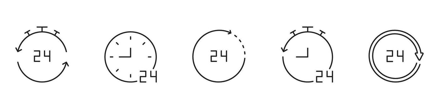 24 horas Servicio y disponibilidad línea icono colocar. alrededor del reloj apoyo y continuo operación contorno símbolo. cliente Servicio y negocio horas. editable ataque. aislado ilustración vector