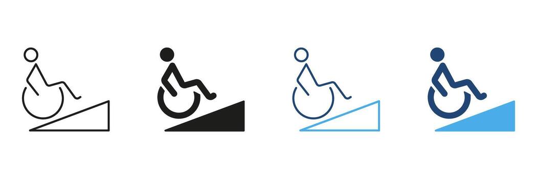 Wheelchair Accessibility Ramp Line And Solid Icon Set. Disability Access, Mobility Support, And Inclusive Design Outline And Silhouette Symbol Collection. Isolated Illustration vector
