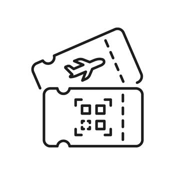 avión boleto con qr código línea icono. digital embarque pasar y viaje autenticación contorno símbolo. moderno aire viaje y seguridad. editable ataque. aislado ilustración vector