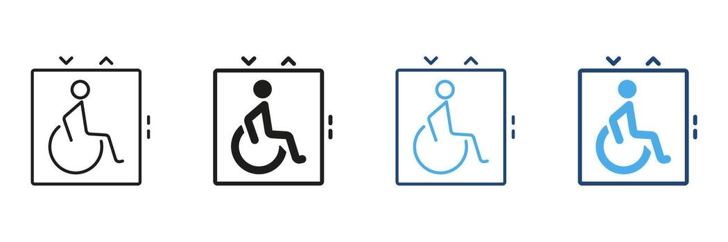 Wheelchair Accessible Elevator Line And Solid Icon Set. Accessibility And Mobility Support Outline And Silhouette Symbol. Inclusive and Universal Access Icons. Isolated Illustration vector