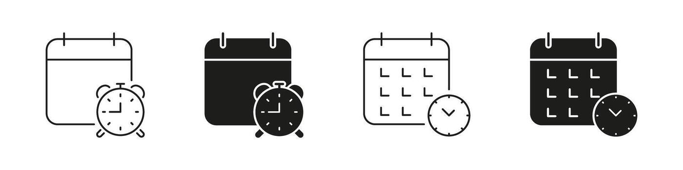 Calendar With Clock Solid Icon Set. Time Management, Scheduling, And Event Planning Outline And Silhouette Symbol. Efficient Organization And Deadline Tracking. Isolated Illustration vector