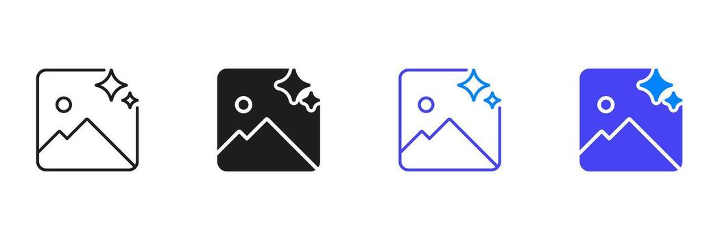 Image With Sparkles Line And Solid Icon Set. Photo Enhancement, Image Editing, And Visual Quality Improvement Outline And Silhouette Symbol Collection. Isolated Illustration vector
